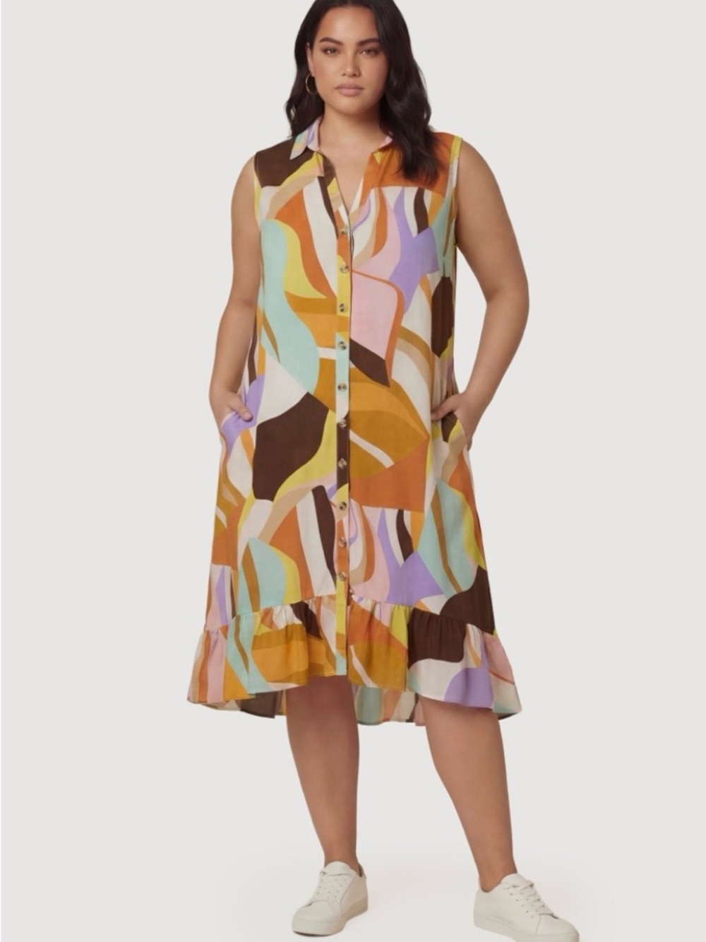 NWT Plus Size  Sleeveless Button-Front Abstract Print Midi Dress in Multicolor